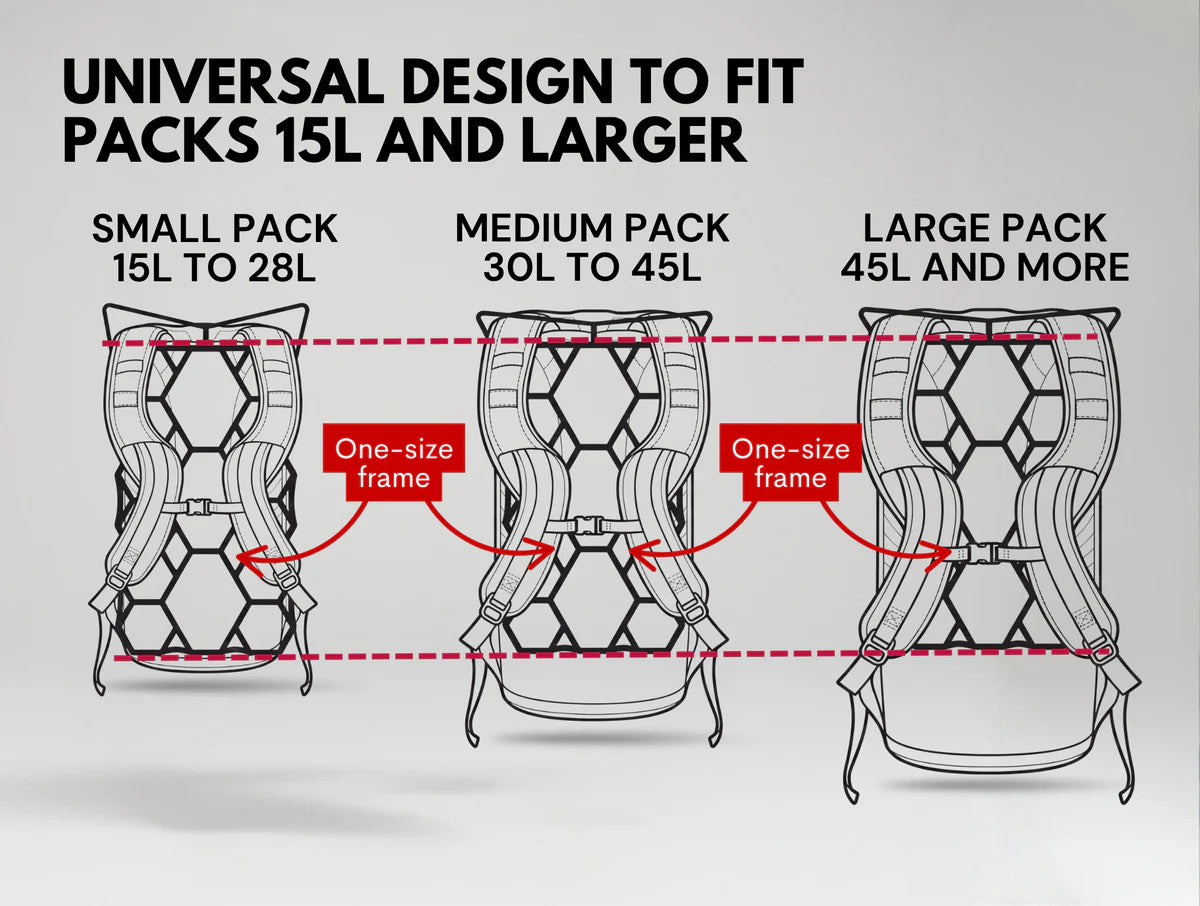 Camping Gear X Vacluse Ultralight Backpack Ventilation Frame w/Sleeve - Black Diagram on pack sizing