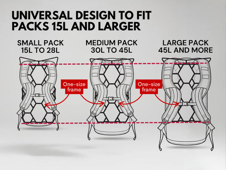 Camping Gear X Vacluse Ultralight Backpack Ventilation Frame w/Sleeve - Black Diagram on pack sizing